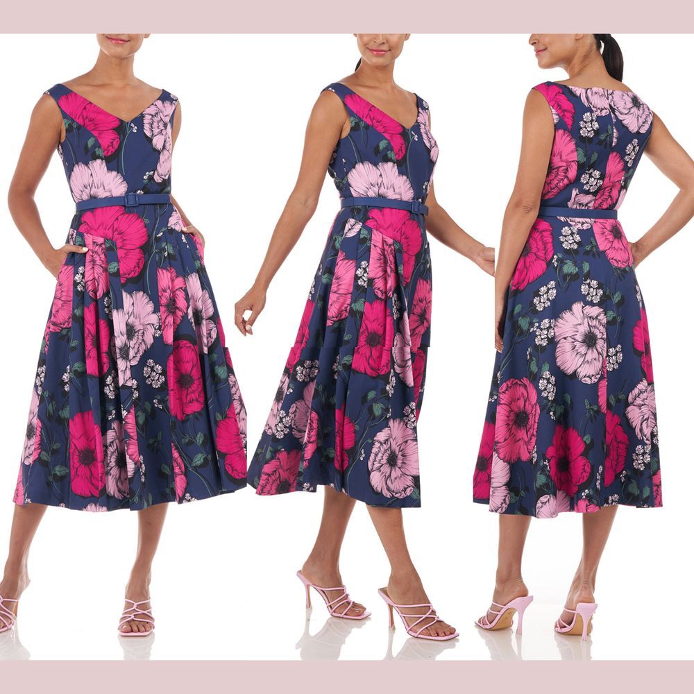 NWT $298 Kay Unger [ 6 ] Cory Midi Length Dress Floral Midnight Blue‎ Pink